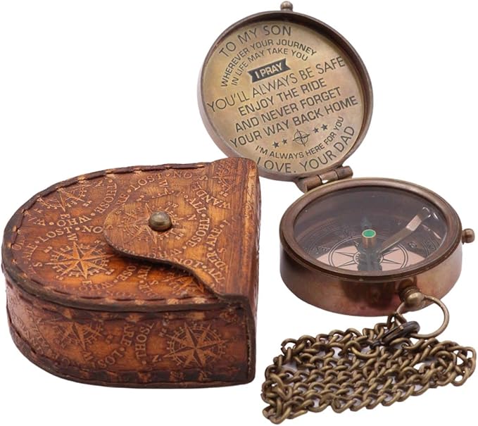 RII Pocket Brass Compass, Nautical Navy Compass for Camping, Travelling, Hiking, Boating, Gift Compass for Graduation, Wedding, Birthday, Anniversary, Dad to Son/Grandson with Imprinted Leather Case