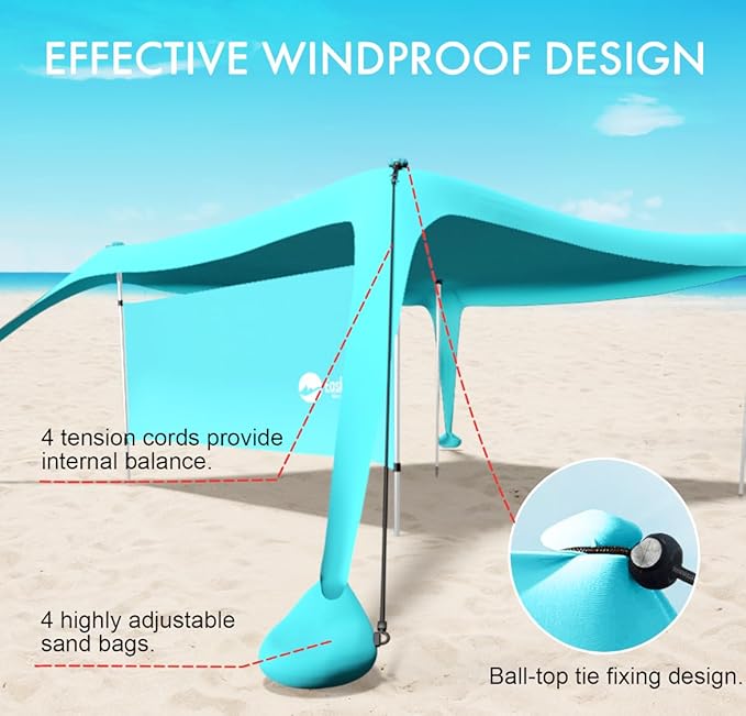 Beach Canopy Tent Shade with Sidewalls 10x10FT, 6.6FT Tall, UPF50+ Sun Shelter, Windproof & Water Resistant, Includes Guylines Sand Shovel Stability Poles, Easy Up for Beach Outdoor Camping Backyard