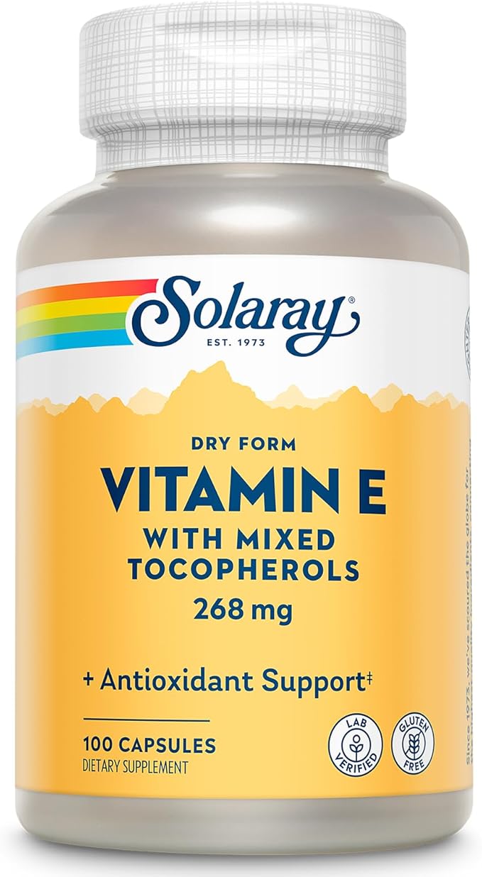 SOLARAY Vitamin E 400 IU (268mg), Dry Form - Natural Source, Mixed Tocopherols Vitamin E - Antioxidant Supplement, PMS and Menopause Support - 60-Day Guarantee, Lab Verified - 100 Serv, 100 Capsules