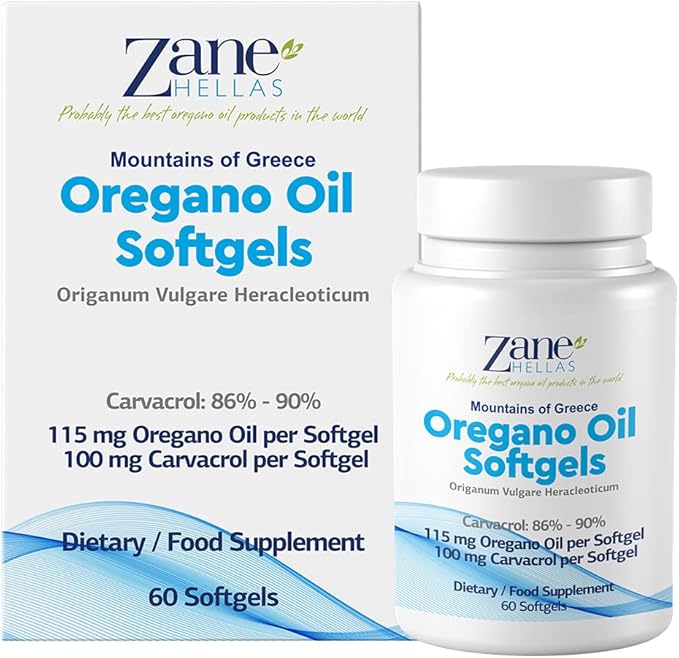 Zane Hellas Oregano Oil Softgels. Extra Strength. Every Softgel Contains 20% Greek Essential Oil of Oregano. 100 mg Carvacrol per Softgel. 60 Softgels.