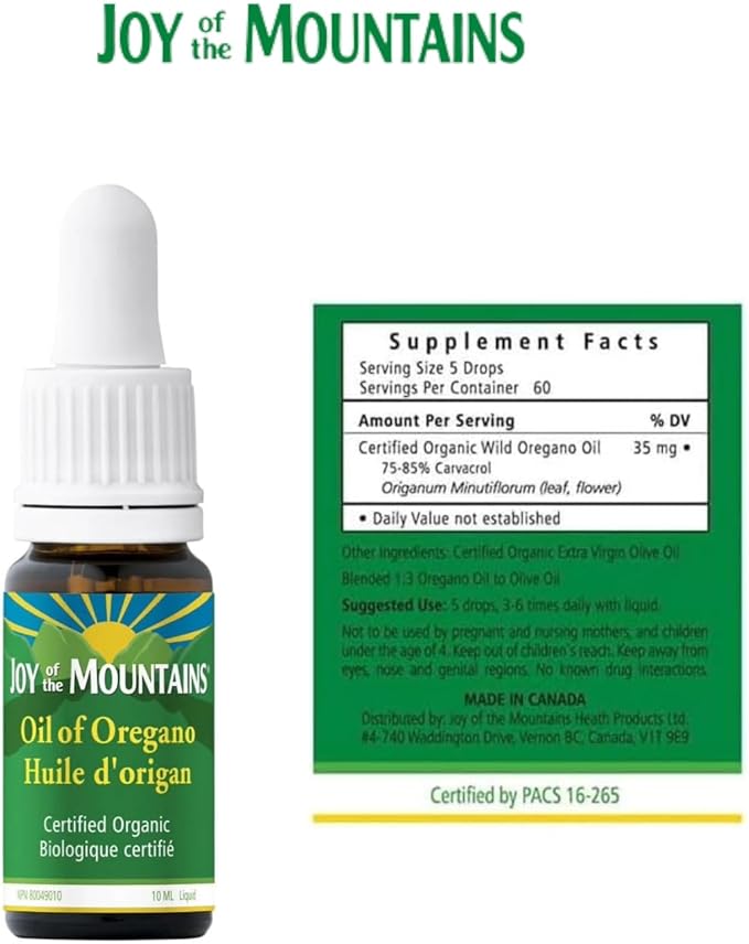 Joy of the Mountains Oil of Oregano Liquid With Dropper Cap | Wild Mediterranean, Certified Organic Oil of Oregano | 10ml - 0.34 fl. oz. Liquid per bottle (Pack of 4 Bottles)