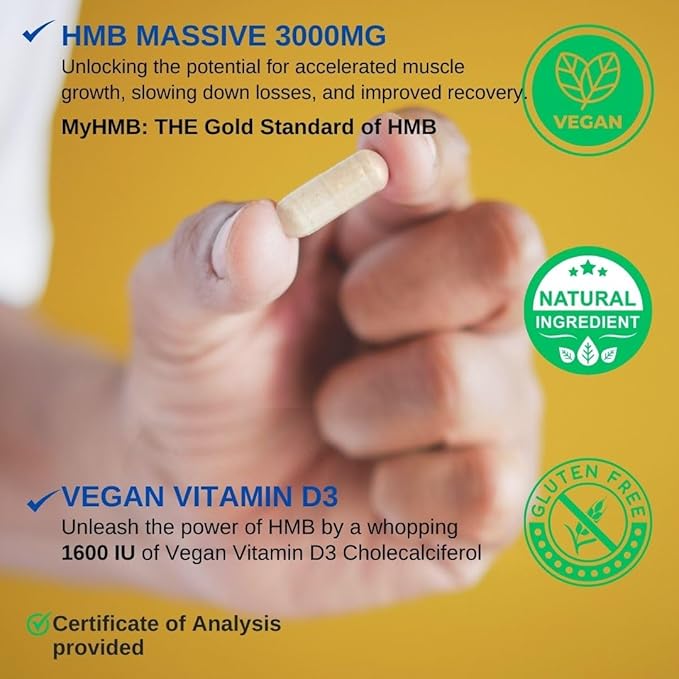 HMB 3000mg and Vitamin D3 Supplement Capsules per Serving *USA Made & Tested* Promotes Muscle Growth & Recovery - HMB Supplement and Vitamin D3 (1600 IU) - 120 Capsules 30 Servings