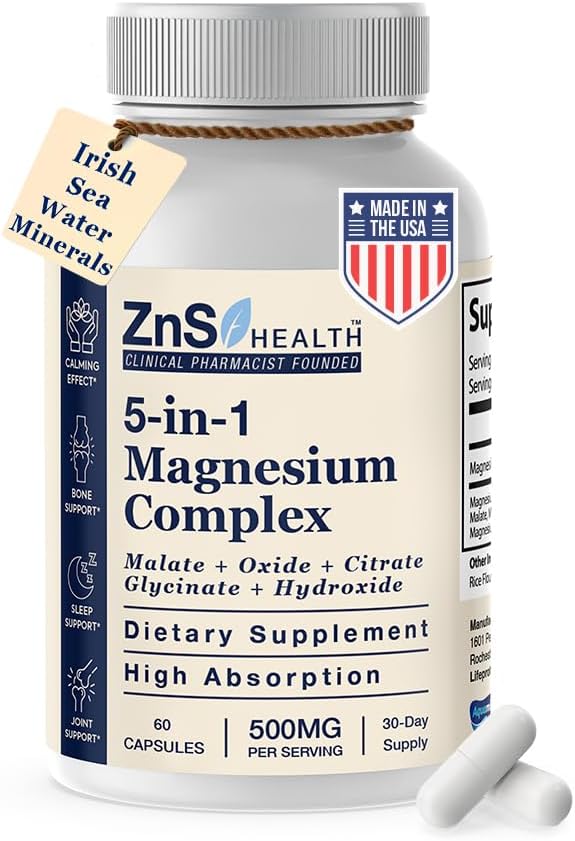 5-in-1 Magnesium Complex Spectrum 5 Magnesium Glycinate from ZnS Health, Malate, Citrate, Oxide, Hydroxide for Energy, Nerves, Muscles, Sleep, Joints, High Absorption 500 mg 60 Capsules Vegan Non-GMO