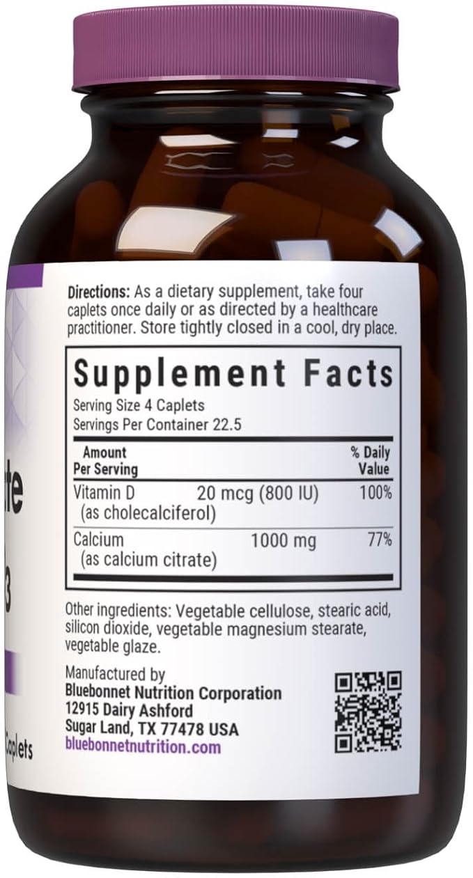 Bluebonnet Nutrition Calcium Citrate & Vitamin D3, Bone Health*, Non-GMO, Kosher Parve, Gluten-Free, Soy-Free, 90 Caplets, 22.5 Servings