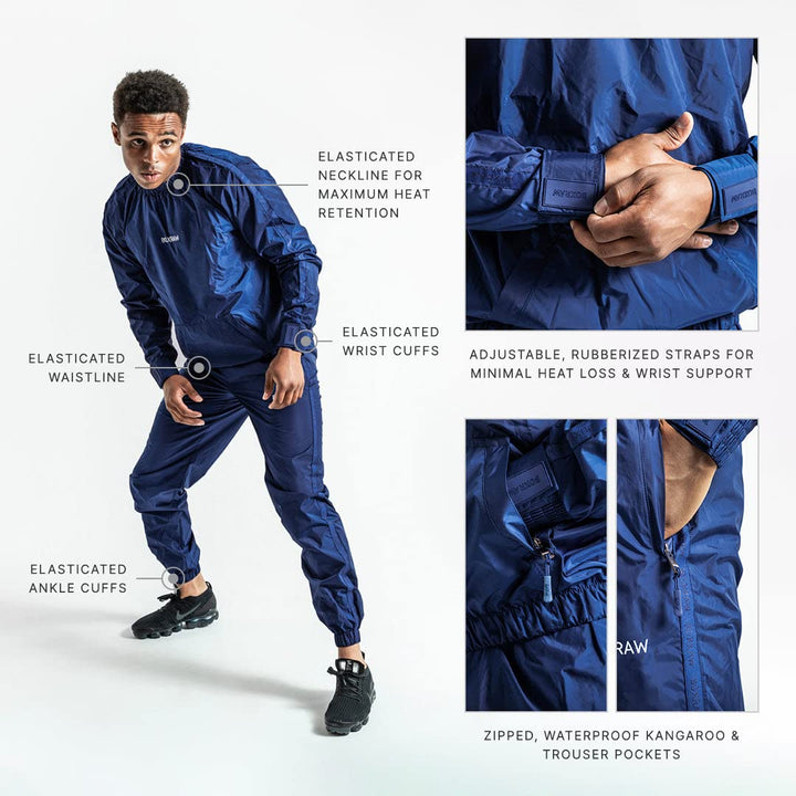 BOXRAW Hagler Professional Sauna Suit 1.0 Top & Bottoms Non Rip Sweat Suit Boxing MMA Training Gym (Navy - 2XL)