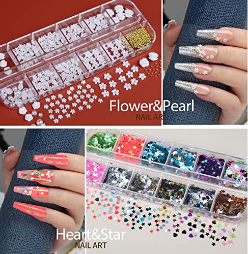 Teenitor 12 Sheets Nail Art Sticker Self-Adhesive, Flower Nail Stickers 5D Embossed Nail Decals, 5 Boxes Nail Glitter Sequins Flakes, Nail Art Design Tools Self Adhesive