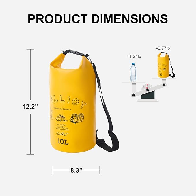 10L Waterproof Dry Bag Tough & Water-repellent Storage Bag with Adjustable Shoulder Strap Lightweight Portable Shoulder Dry Bags for Kayaking Boating Camping Yellow