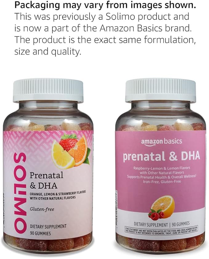 Amazon Basics Prenatal & DHA Gummy, Rasberry & Lemon Flavor, 90 Count (Previously Solimo)