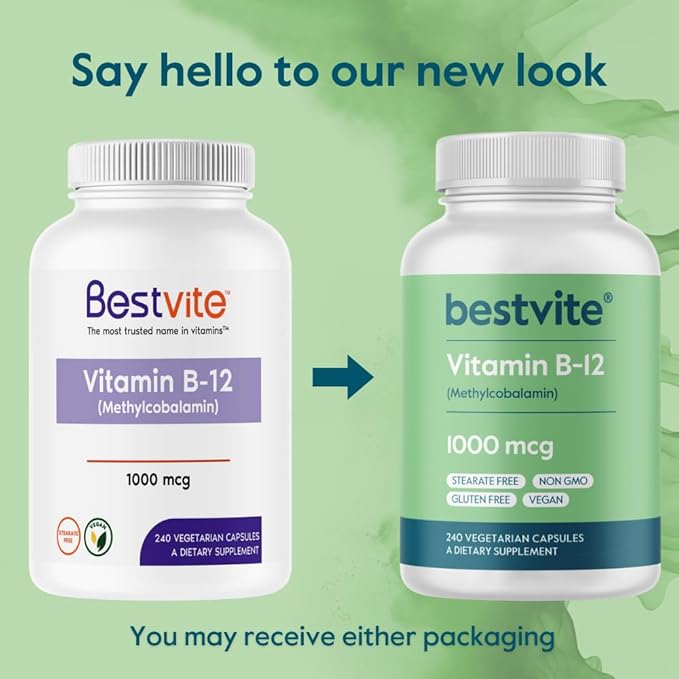 BESTVITE Vitamin B12 (Methylcobalamin) 1000mcg (480 Vegetarian Capsules)(2 x 240) (Methyl B12) - No Stearates - Vegan - Non GMO - Gluten Free