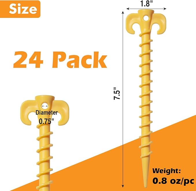 24 Pack Tent Stakes, Stakes for Inflatables, 7.5 inch Heavy Duty Spiral Design Outdoor Tent Stakes, Ground Stakes Ground Anchors Pegs, Yard Lawn Pegs Anchor for Canopy, Camping, Hiking, Beach