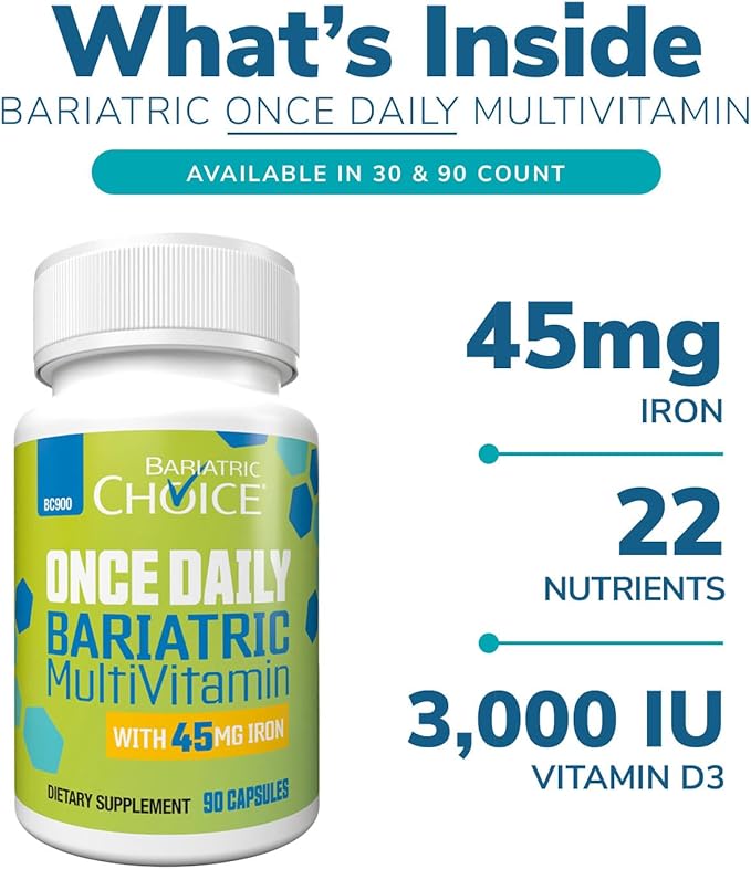 Bariatric Choice Once-Daily Bariatric Multivitamin with 45 mg of Iron | Easy to Swallow Capsule | Vitamin for Bariatric Surgery Patients | 90 Count (3-Month Supply)