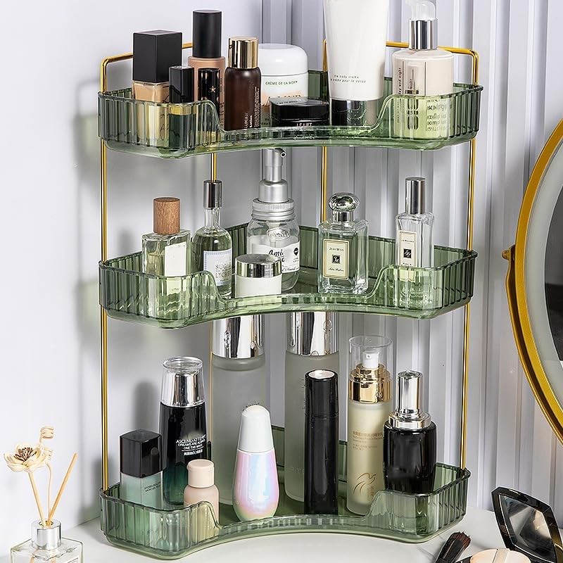Corner Vanity Organiser - 3 Tier Green Bathroom Counter Shelf for Skincare, Makeup, Toiletries & Lotions