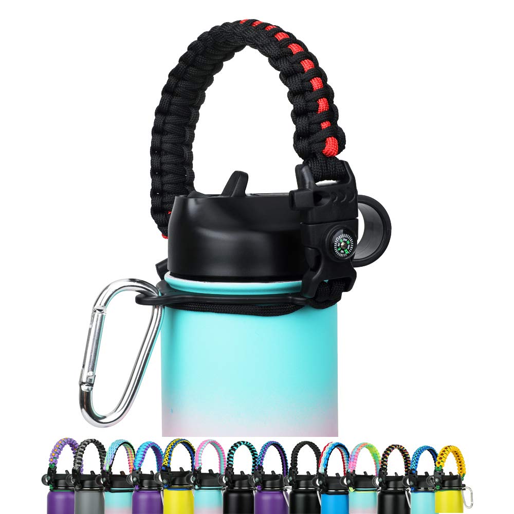 WEREWOLVES Paracord Handle - Fits Wide Mouth Bottles 12oz to 64oz - Durable Carrier, Paracord Carrier Strap Cord with Safety Ring,Compass and Carabiner - Ideal Water Bottle Handle Strap (Black/Red)