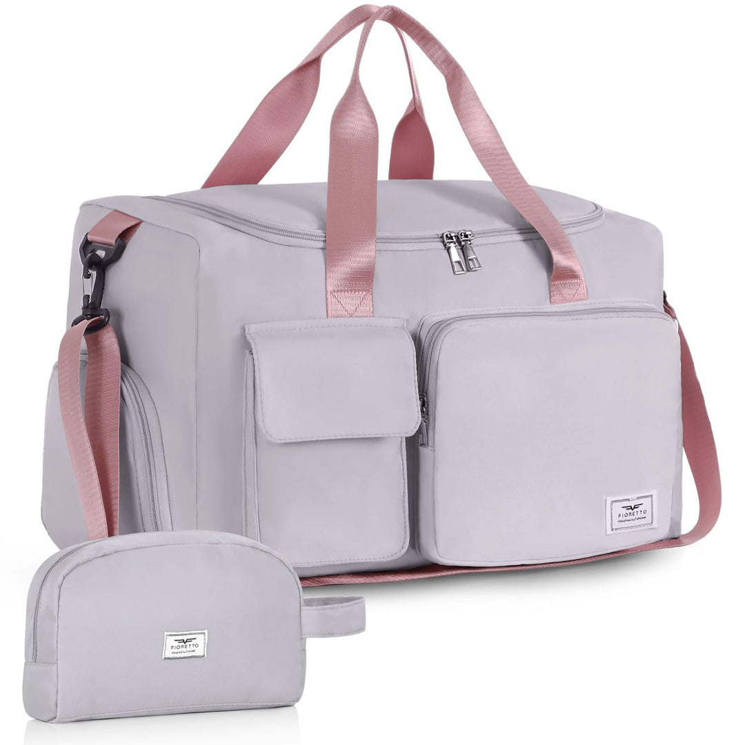 FIORETTO Women's Water-Resistant Gym Duffle Bag with Shoes Compartment, 37L Capacity, Multi-Functional, Ideal for Travel, Gym, Sports, Weekender, with Toiletry Bag, Grey & Pink