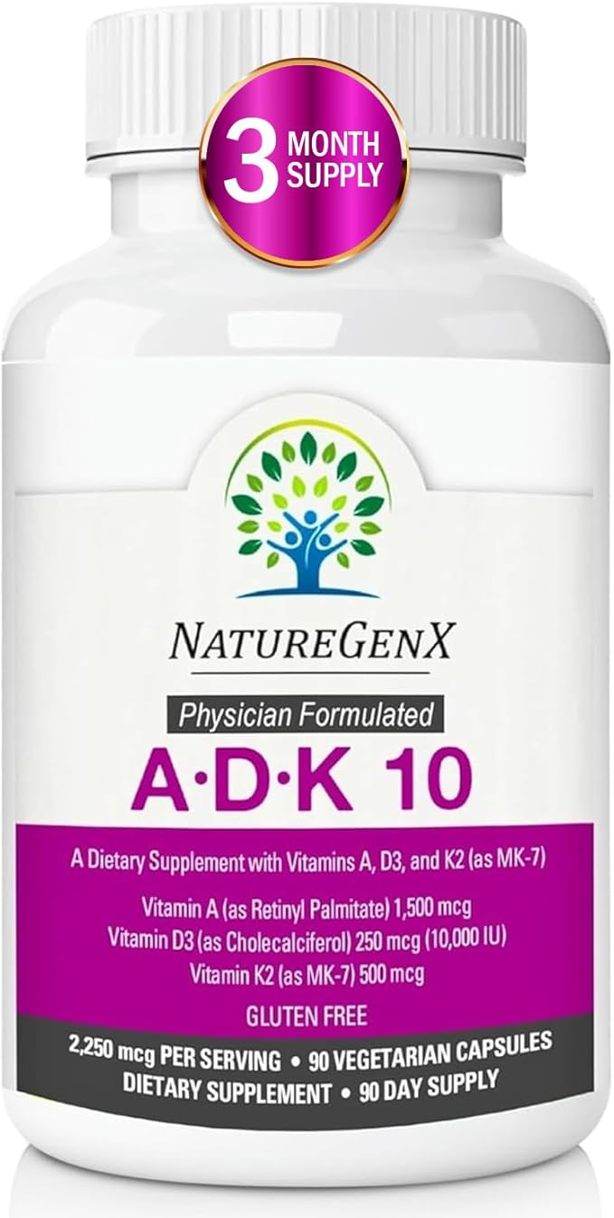 ADK 10 Supplement - Potent A, K2 & D3 Vitamin Supplement 10000 IU for Bone, Heart & Immune Support - 90 Count Easy-to-Swallow Vitamin ADK Supplement Capsules (3 Month Supply)