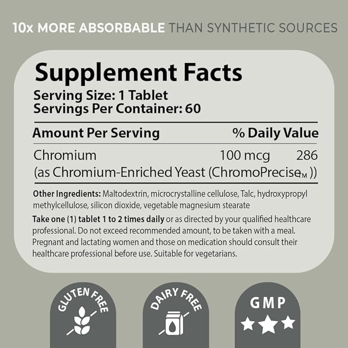 Bio-Chromium 100mcg | 10x Better Absorption | Patented Formula for preventing Cravings | ChromoPrecise Organic Chromium Supplement | Manufactured to Pharmaceutical Standards (60)