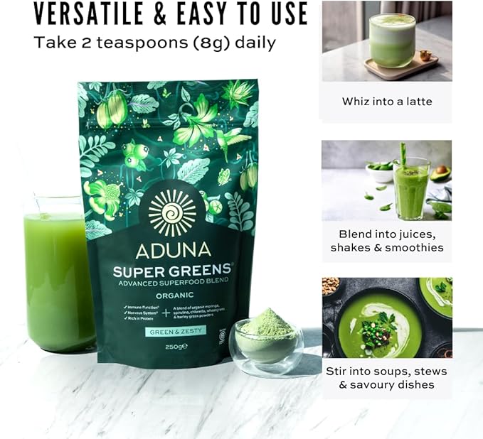 Aduna Advanced Superfood Super Greens Blend | 100% Organic Powder for Smoothies/Juices & Yoghurt | 250g Resealable and Recyclable Pack
