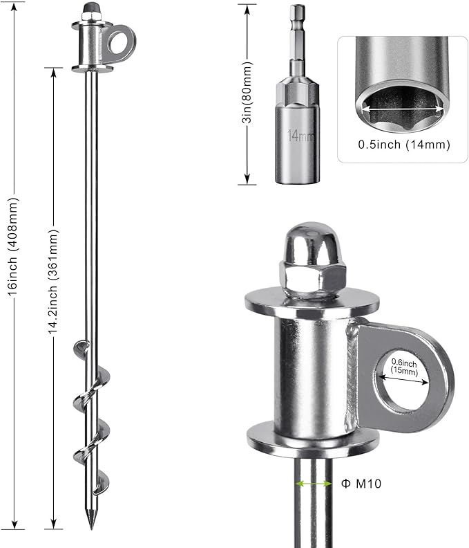4 Pack Tent Stakes, 16 Inch Heavy Duty Ground Anchors, Full Welding, Easy to Screw in and Reusable, for Camping Tents, Trampolines, Sheds, Swing Sets, Securing Animals