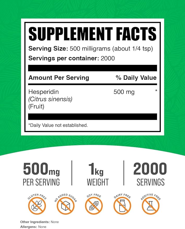 BulkSupplements.com Hesperidin Powder - Hesperidin Supplement, Hesperidin 500mg - Herbal Supplement, Vegan & Gluten Free, 500mg per Serving, 1kg (2.2 lbs) (Pack of 1)