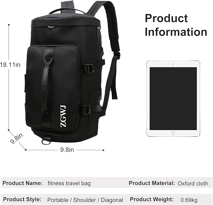 ZGWJ Sports Gym Bag with Wet Pocket & Shoes Compartment, Waterproof Shoulder Weekender Bag for Women and Men Swim Sports Travel Duffel Bag Lightweight and easy Carry on Black