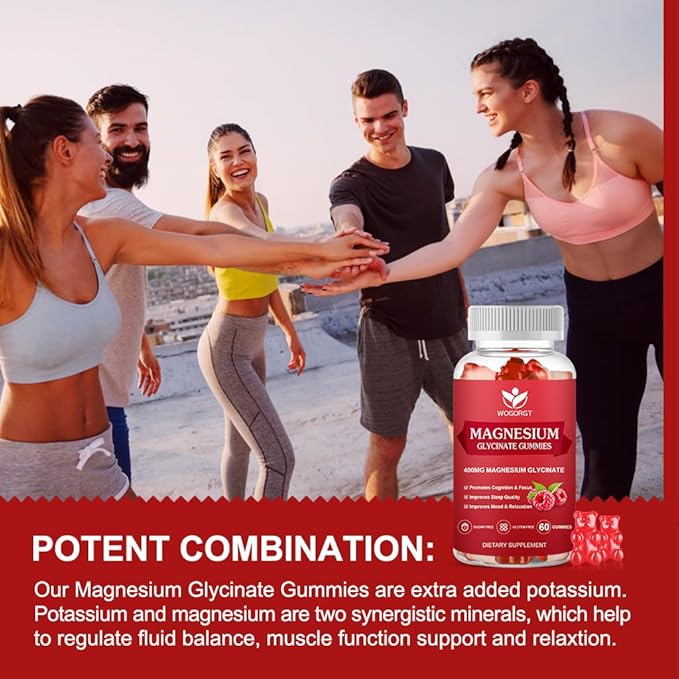 Magnesium Glycinate Gummies - 400mg Magnesium Glycinate Gummies with Vitamin D, B6, and CoQ10, Magnesium Supplement for Relaxation and Cognition, Sugar Free - 60 Raspberry Gummies (2 Pack)