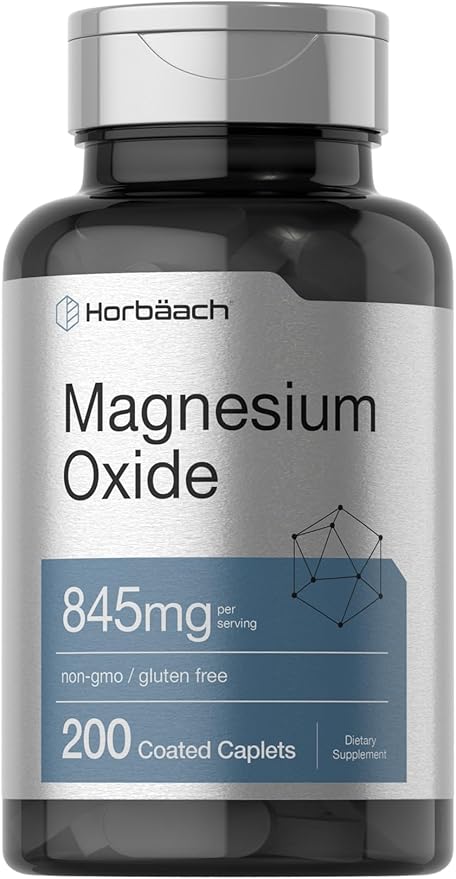 Horbäach Magnesium Oxide | 845 mg | 200 Coated Caplets | Vegetarian, Non-GMO, and Gluten Free Supplement