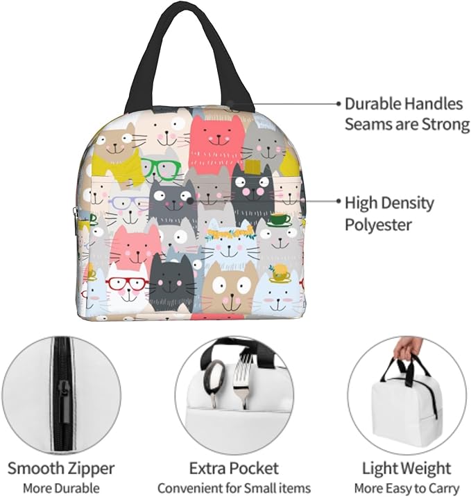 Cute Cat Lunch Box Insulated Funny Cartoon Lunch Bag Leakproof Reusable Lunch Tote Bag Multipurpose Lunch Tote for Kids Adult School Work Picnic