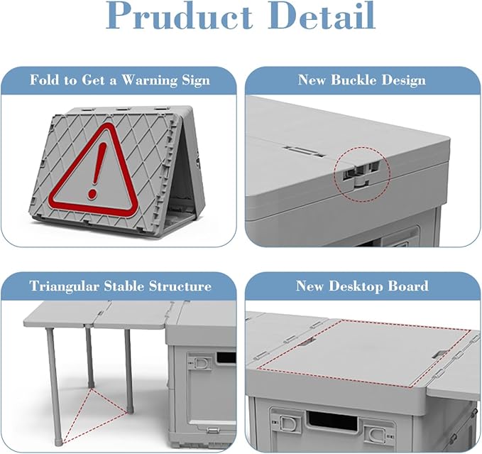 3 in 1 Folding Storage Box with Table, Multifunctional Collapsible Bins with Parking Warning Sign, Outdoor Storage Bin for Picnic, Home, Office, Car