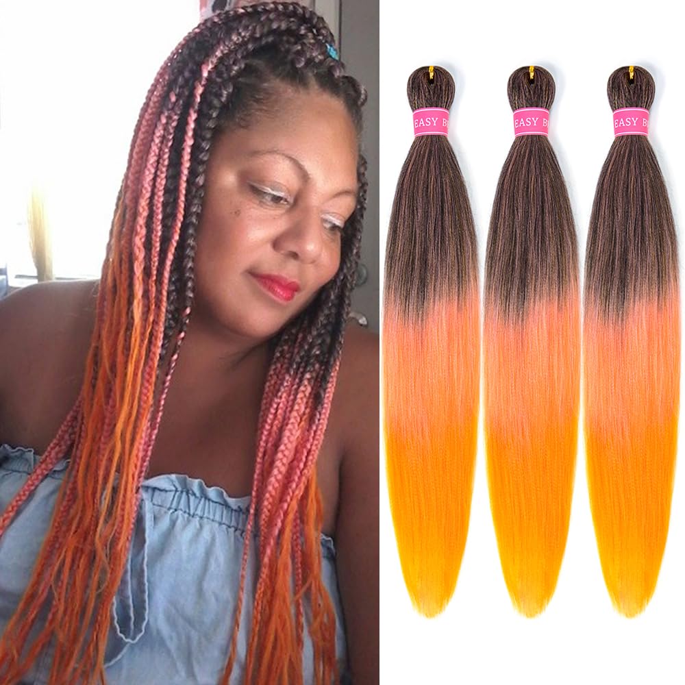 ZERAL Braiding Hair Pre Stretched 26 Inch 3 Packs Braiding Hair Professional Itch Free Yaki Texture Hair Extensions for Braids Synthetic Hair Braiding for Women and Girls (1B/Pink/Orange#)