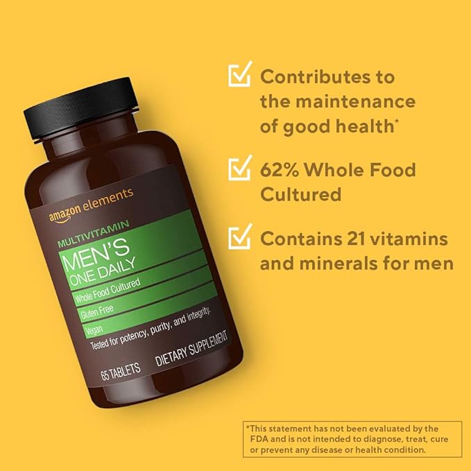 Amazon Elements Men’s One Daily Multivitamin, 62% Whole Food Cultured, Vegan, 65 Tablets, 2 Month Supply (Packaging May Vary) (Pack of 2)
