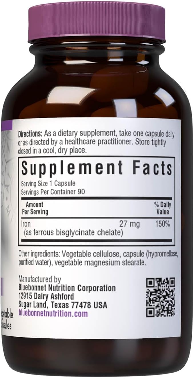 Bluebonnet Nutrition Albion Extra-Strength Chelated Iron 27 mg, For Healthy Red Blood Cell production*, Soy-Free, Gluten-Free, Non-GMO, Kosher, Dairy-Free, Vegan, 90 Vegetable Capsule, 90 Serving