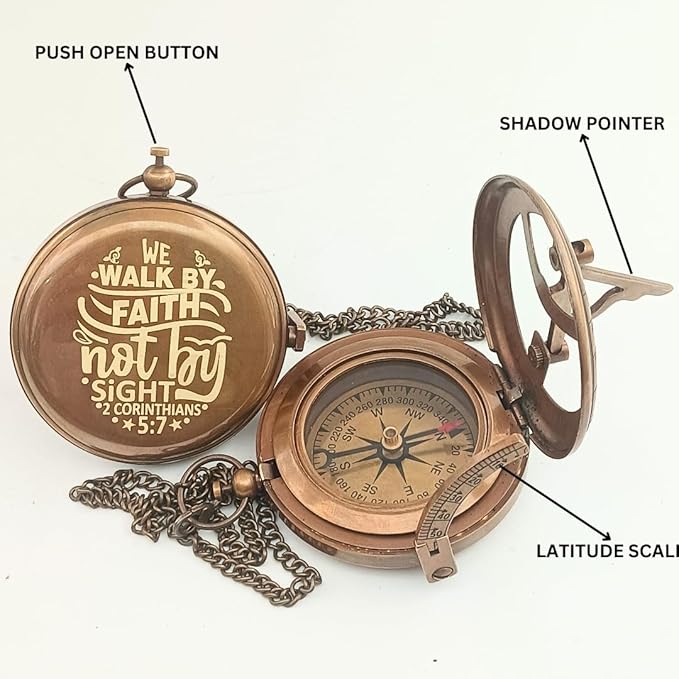 Behinde You Engraved Sundial Compass with Leather case. We Walk by Faith Not by Sight Corinthians 5:7 Compass. Personalized Brass Pocket Compass Gifts for Men, Him, Son