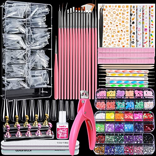 Teenitor Acrylic Fake Nails Kit, Press On Nail Supplies with Clear Coffin Nail Tips Nail Stand Nail Art Brushes Dotting Pen Glitter Sequins Sticker Rhinestones Nail Decorations Press On Nails Kit