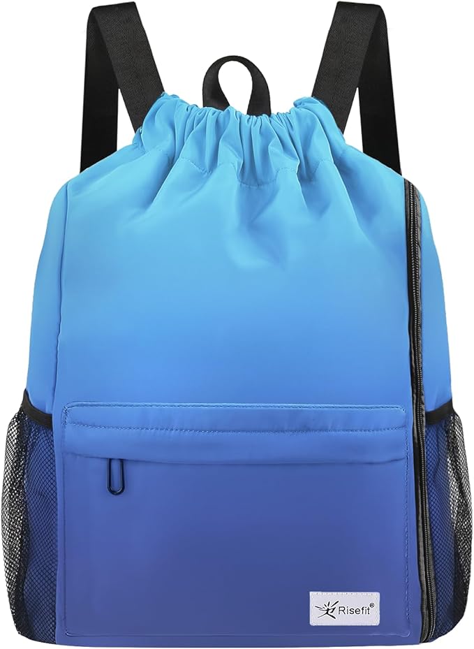 Drawstring Backpack with Mesh Pockets String Gym Bag Sackpack Sandproof Water Resistant Beach Backpack for Men Women