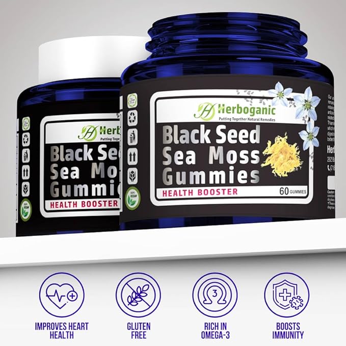 Black Seed Sea Moss Gummies - Natural Dietary and Herbal Supplement for Skin and Energy Support with Sea Moss, Boost Immune System - 60 Gummies