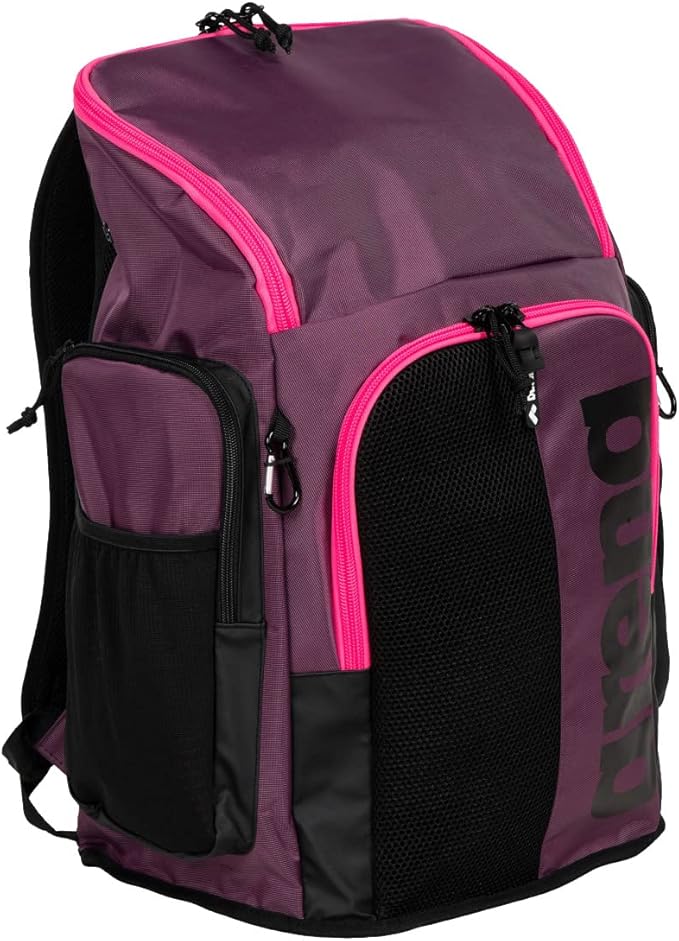Arena Spiky III Backpack 45 Swimming Athlete Sports Gym Rucksack Large Training Gear Equipment Swim Bag for Men and Women, 45 Liters, Plum/Neon Pink