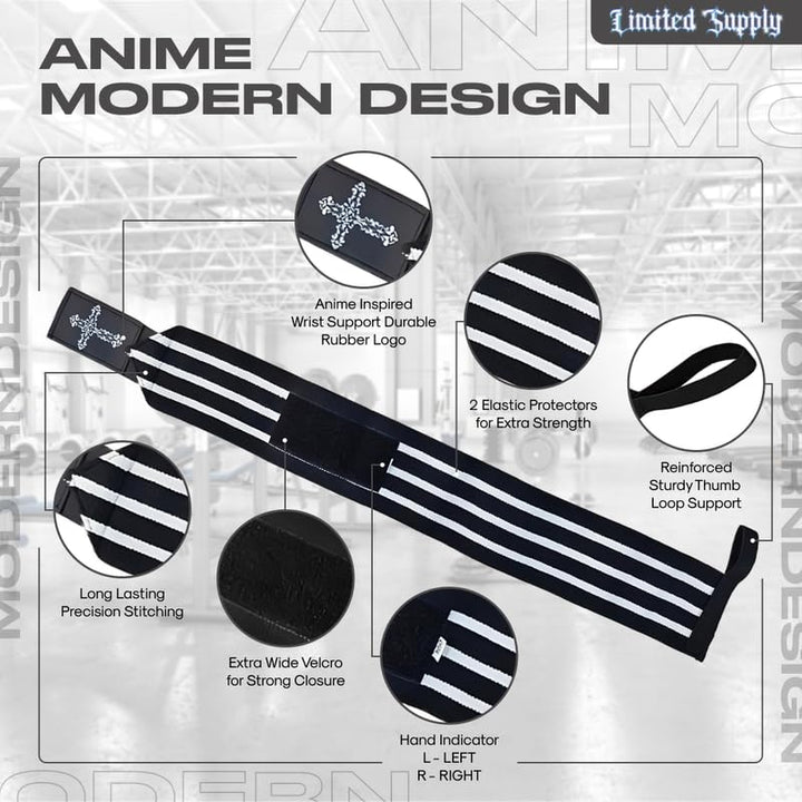 CROWN Anime Wrist Wraps Lifting Straps 24" for Men and Women - 1 Pair Each, Gym Accessories Support Weightlifting, Powerlifting, Strength Training, and Improve Workout, Black Wcross