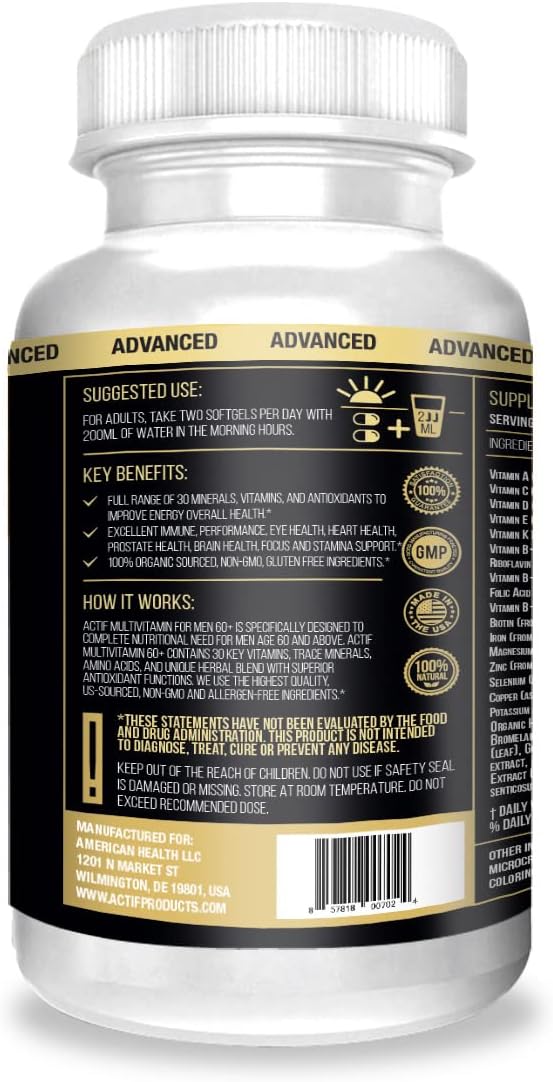 Actif Multivitamin for Men Age 60+ with 30 Organic Vitamins and Organic Herbs, Non-GMO, Made in USA, 120 Count