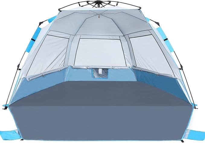 Beach Tent Instant Pop up Sun Shade Shelter for 4-6 Person with UV Protection，Extended Floor，3 Mesh Roll Up Windows with Carry Bag, Sandbags, Stakes(Sky Blue)