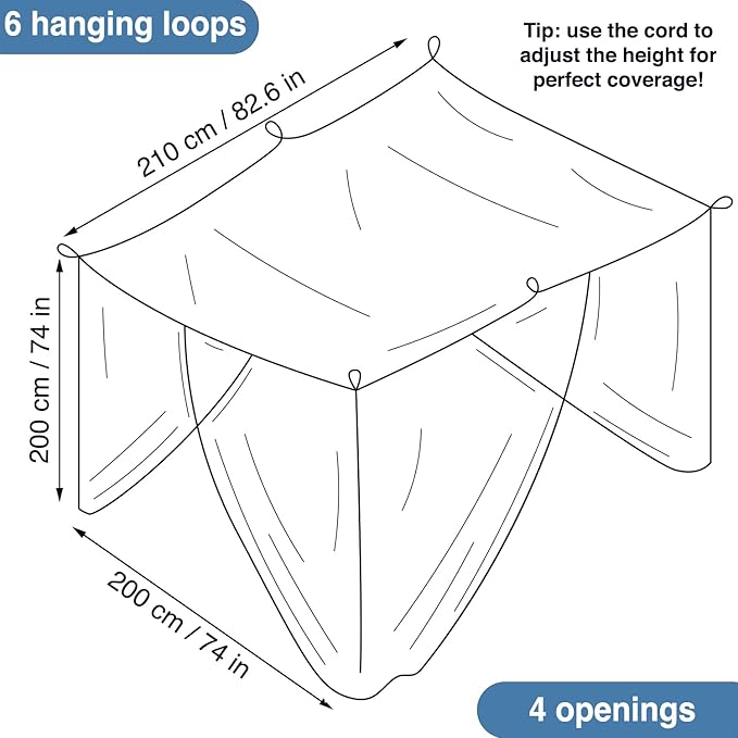 Mosquito Net for Single to King-Sized Beds – 4 Side Openings & 6 Hanging Loops – Decorative Rectangular Shape for Home & Travel – Bed Canopy Hanging Kit & Carrying Bag Included