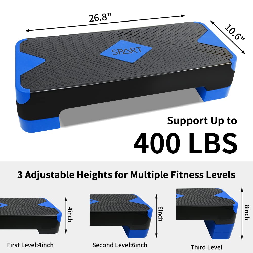SPART Adjustable Workout Aerobic Stepper, Aerobic Exercise Step Platform with 4 Risers, 3 Levels Adjust 4" - 6" - 8", 26.77" Trainer Stepper with Non-Slip Surface for Home Gym & Extra Risers Options