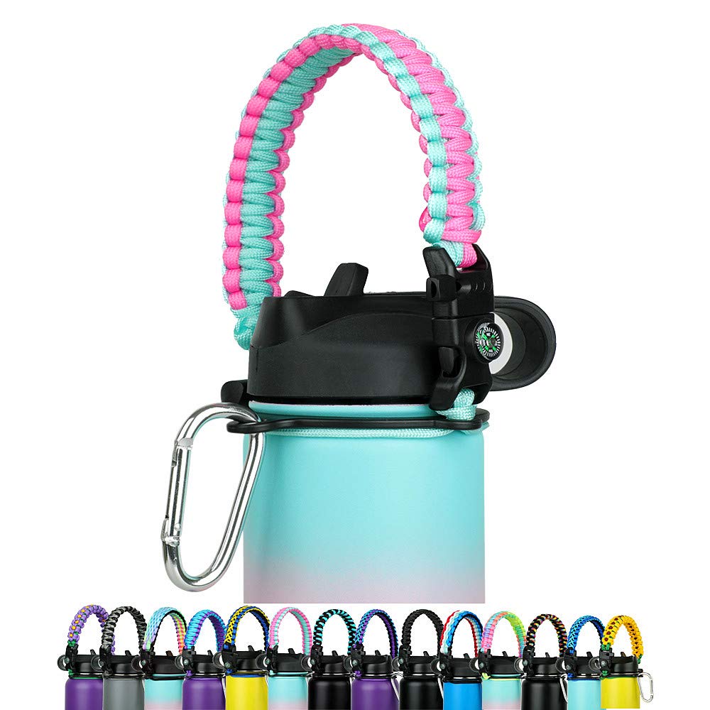 Paracord Handle - Fits Wide Mouth Bottles 12oz to 64oz - Durable Carrier, Paracord Carrier Strap Cord with Safety Ring,Compass and Carabiner - Ideal Water Bottle Handle Strap (Pink)