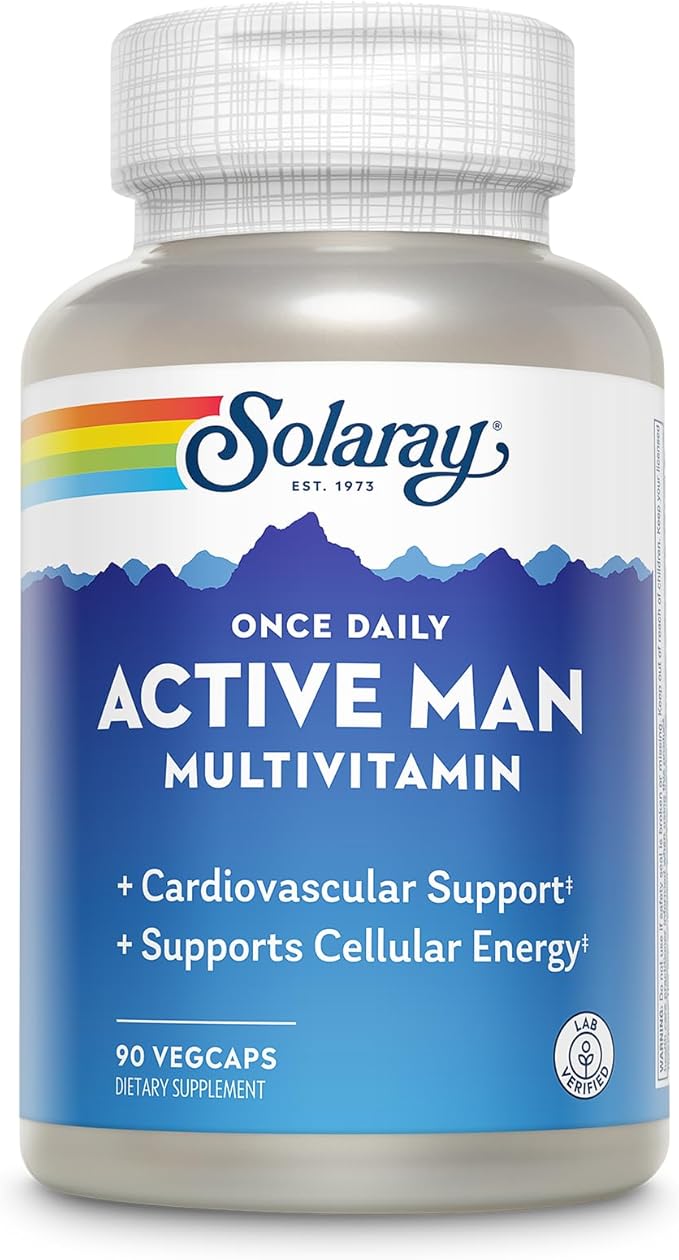 SOLARAY Once Daily Active Man Multivitamin & Mineral, Multivitamin for Cardiovascular, Support, Energy & Focus, Digestive Enzyme Blend, Amino Acids and Whole Food Base, 90 Servings, 90 VegCaps