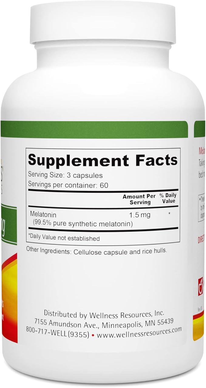 Wellness Resources 0.5mg Melatonin Capsules - Natural Sleep Support Supplement - Gluten Free Sleep Aid, Preservative Free, Third-Party Tested, No Added Sugars Dye Free, 180 Capsules