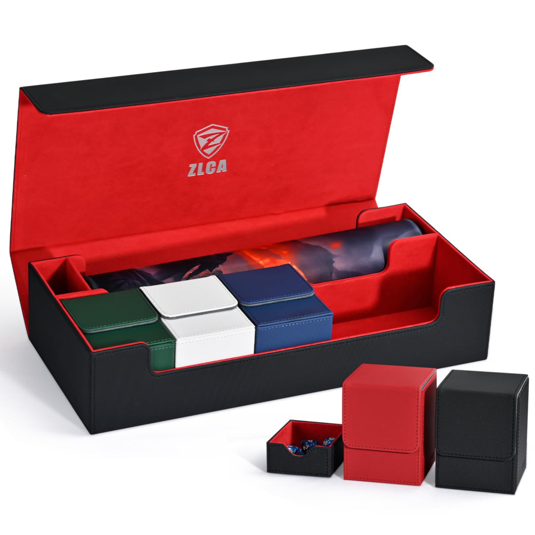 ZLCA Card Deck Box with Playmat for MTG TCG, Large Card Storage Box with 5 PCS Deck Box Holds 2400+ Unsleeved Trading Cards, Card Deck Case with Dice Tray Fits Yugioh Sports Cards (Black&Red Set)