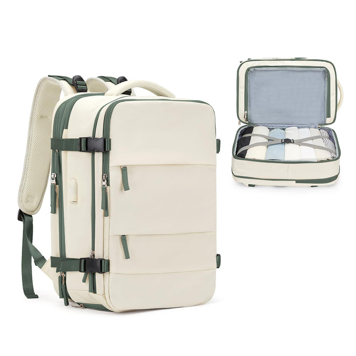 Casual Backpack Traveling Backpack, A-beige With Green, Expandable, Travel Backpacks