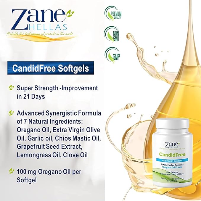 Zane Hellas Candidfree Softgels. Oregano Oil Power. Candida Support. Gut Health Support. Colon Health Support. Intestinal Flora Support. 100% Herbal Solution. 120 Softgels. Pack of 2