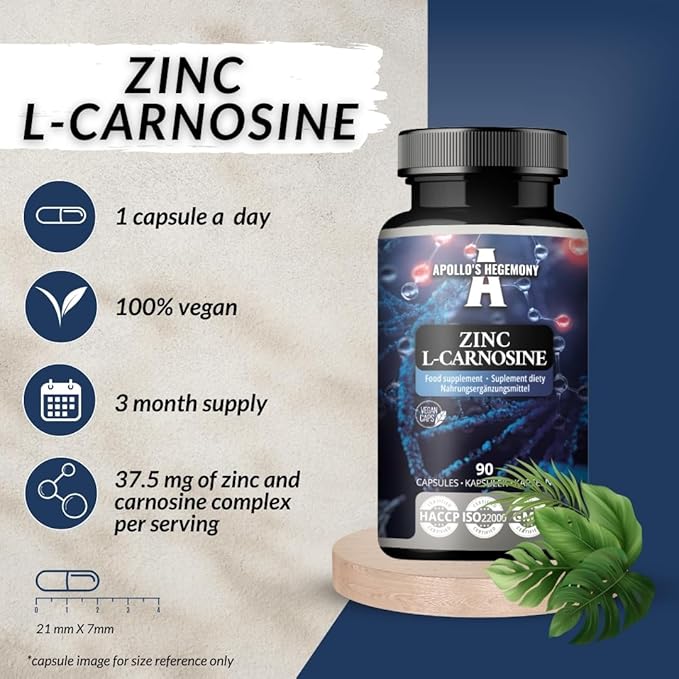 APOLLO'S HEGEMONY Zinc L-Carnosine 37.5 mg per Capsule - 90 Vegan Capsules - 3 Months Supply - for Skin, Hair & Nail Health - Supplement
