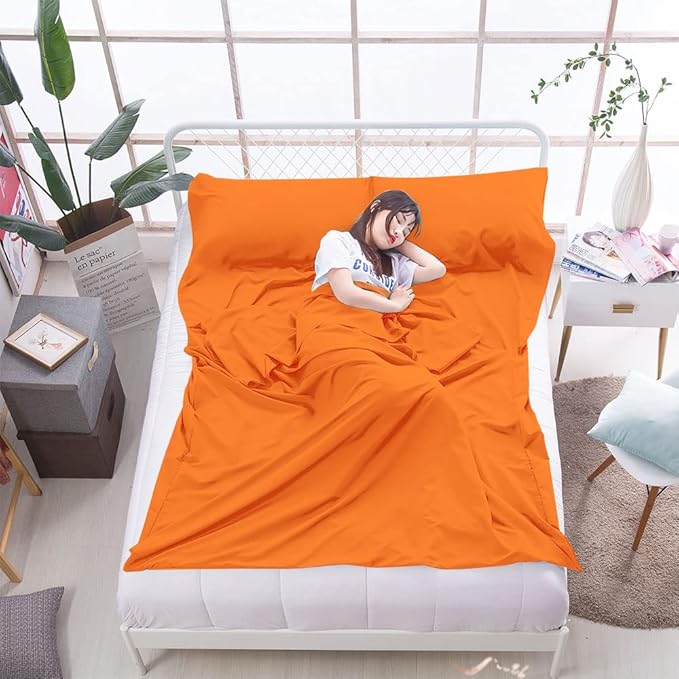 Bag Liner Lightweight Compact Bonng Bag Sack Portable Clean Travel Sheet with Zippered Opening for The Feet Camping Sleep Sheet for Backpacking Hotel& Hiking (Orange, 82.7'' X 70.9”)