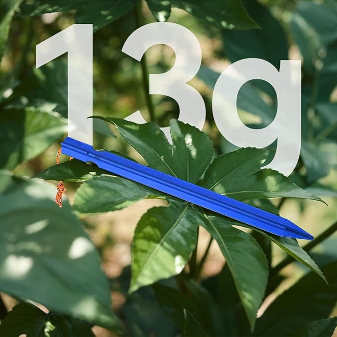 12 Pack Tent Stakes, 7-inch Ultralight Aluminum Ground Pegs with Reflective Pull Ropes, Tri-Beam Stakes in a Carrying Bag, for Camping, Backpacking, Hiking Tent, Hammocks and Canopy (Blue)